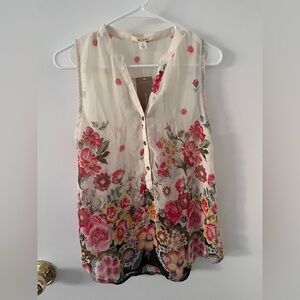 Mi Ami Francesca’s Floral Sleeveless Blouse Size Large Cream Multicolor